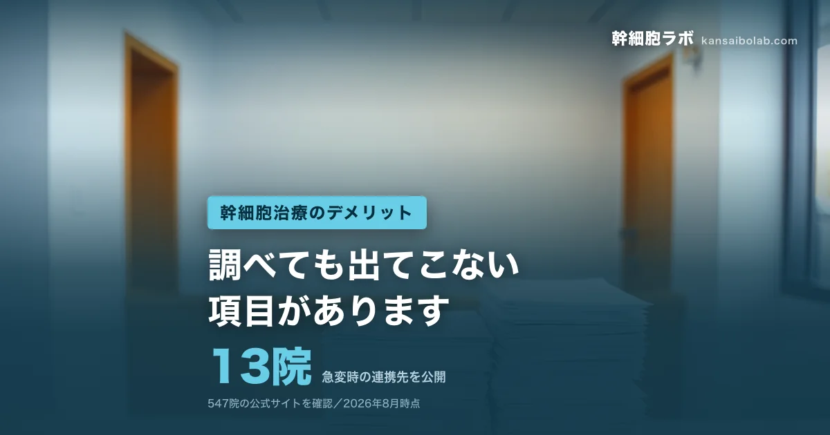 幹細胞治療のデメリット｜急変時の連携先を公開は13院。調べても出てこない項目があります