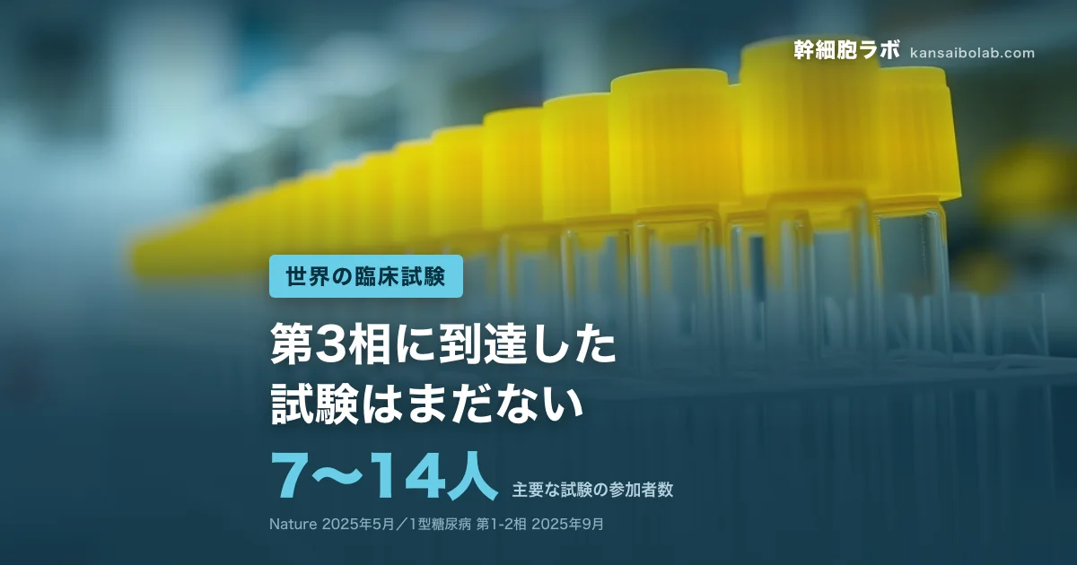 世界の臨床試験｜主要な試験の参加者数は7〜14人。第3相に到達した試験はまだない